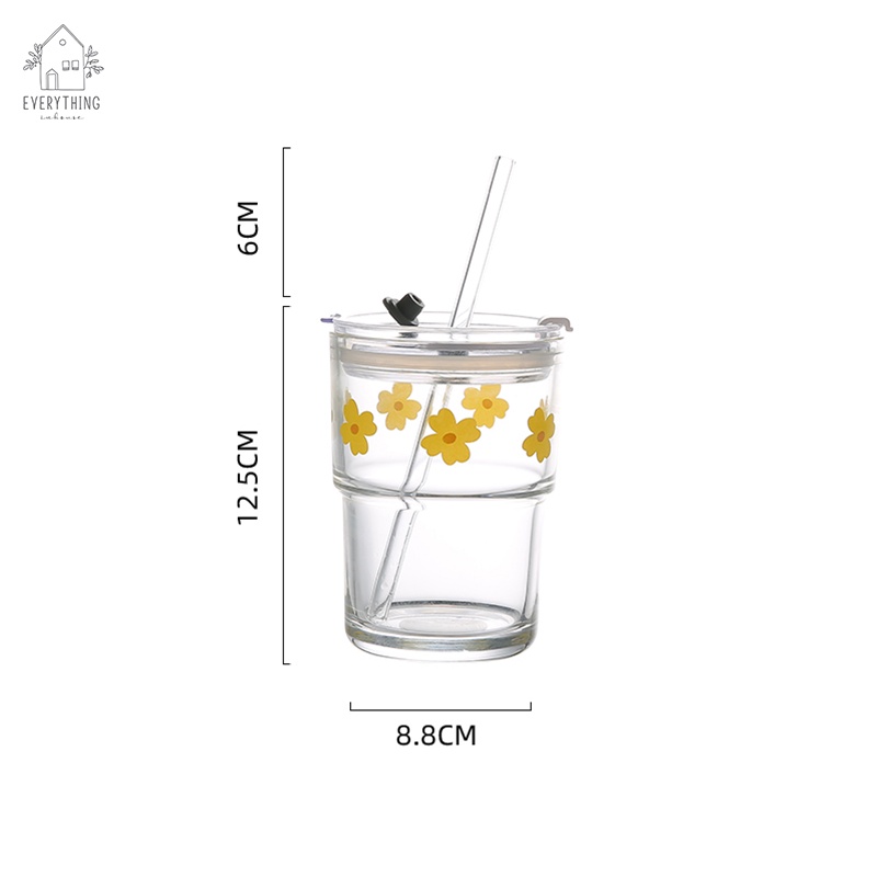 Ly thủy tinh hoa mai kèm nắp đậy và ống hút