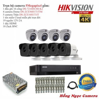 Trọn bộ 9 camera giám sát Hikvision TVI 5 Megapixel DS-2CE56H0T-ITMF Full 4K