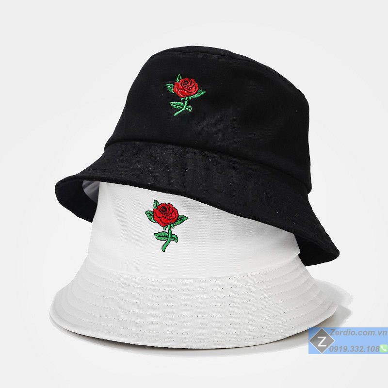 Nón tai bèo bucket thêu đóa hoa hồng vải cotton cao cấp cho cả nam và nữ