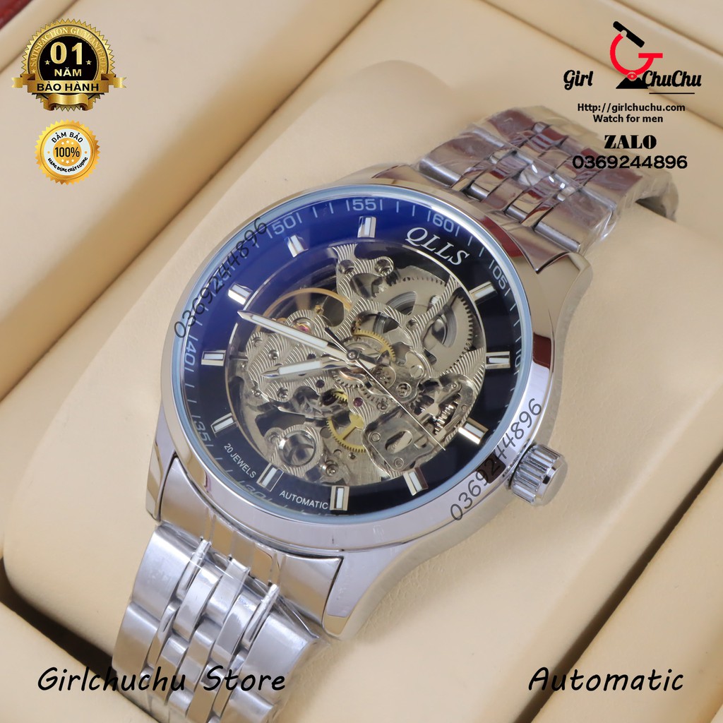 Đồng hồ nam Qlls cơ tự động chạy automatic không cần dùng pin, kiểu dáng mạnh mẽ cá tính, lộ cơ cực đẹp