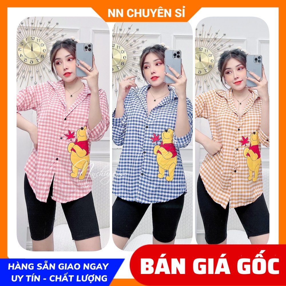 Đồ bộ ngố lửng phối sơ mi caro in gấu dễ thương chất vải mềm mát DBRBLCT