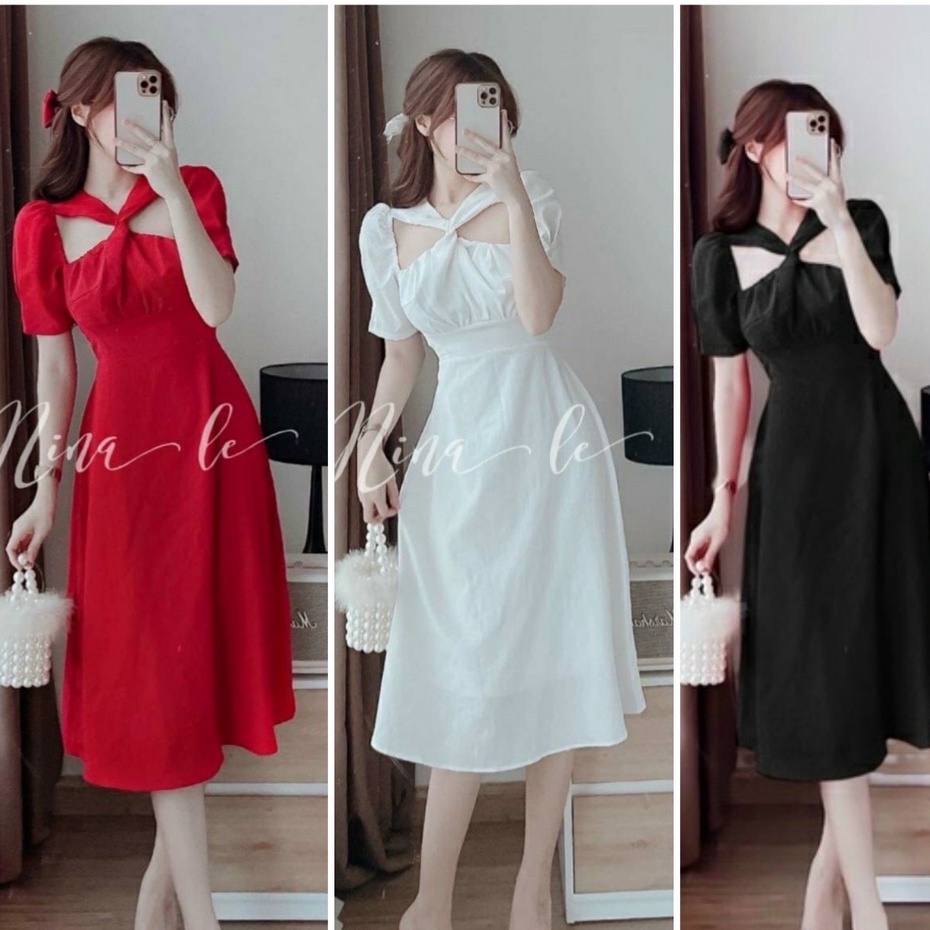 Đầm váy nữ dáng xòe thanh lịch họa tiết cổ đan chéo 3 màu dễ thương tôn dáng trẻ trung sang trọng thanh lịch siêu xinh