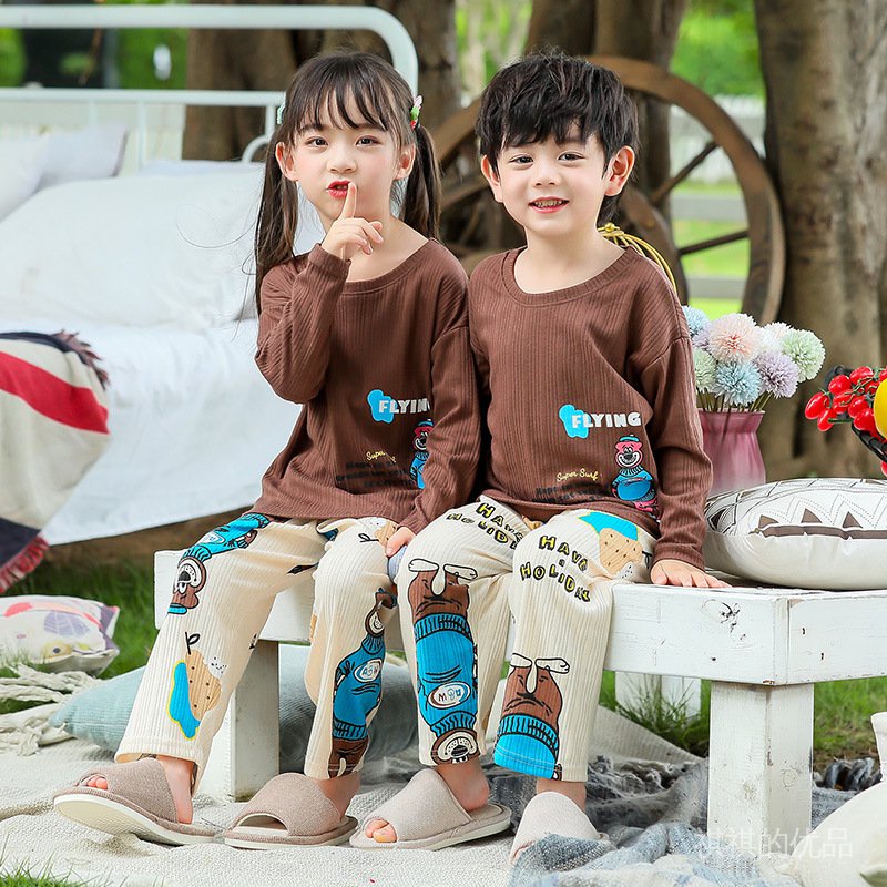Bộ Đồ Lót Trẻ Em Mẫu Mới Đồ Ngủ Quần Áo Mùa Thu Cotton Thở Trẻ Em Nam Nữ Quần Mùa Thu Quần Áo Mặc Nhà Hút Ẩm Giữ Ấm TydB