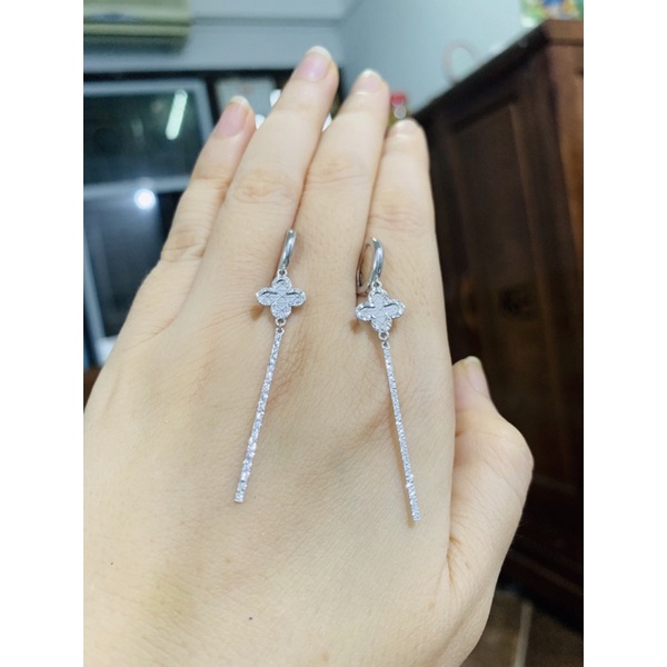 Khuyên tai cỏ 4 lá thả thanh bạc phủ vàng trắng siêu cao cấp