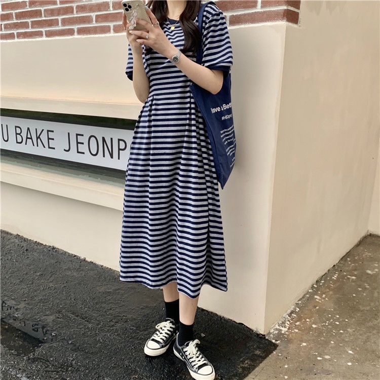 Đầm thun nữ kẻ sọc basic form rộng thời trang