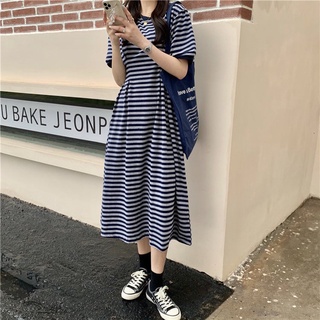 Đầm thun nữ kẻ sọc basic form rộng thời trang