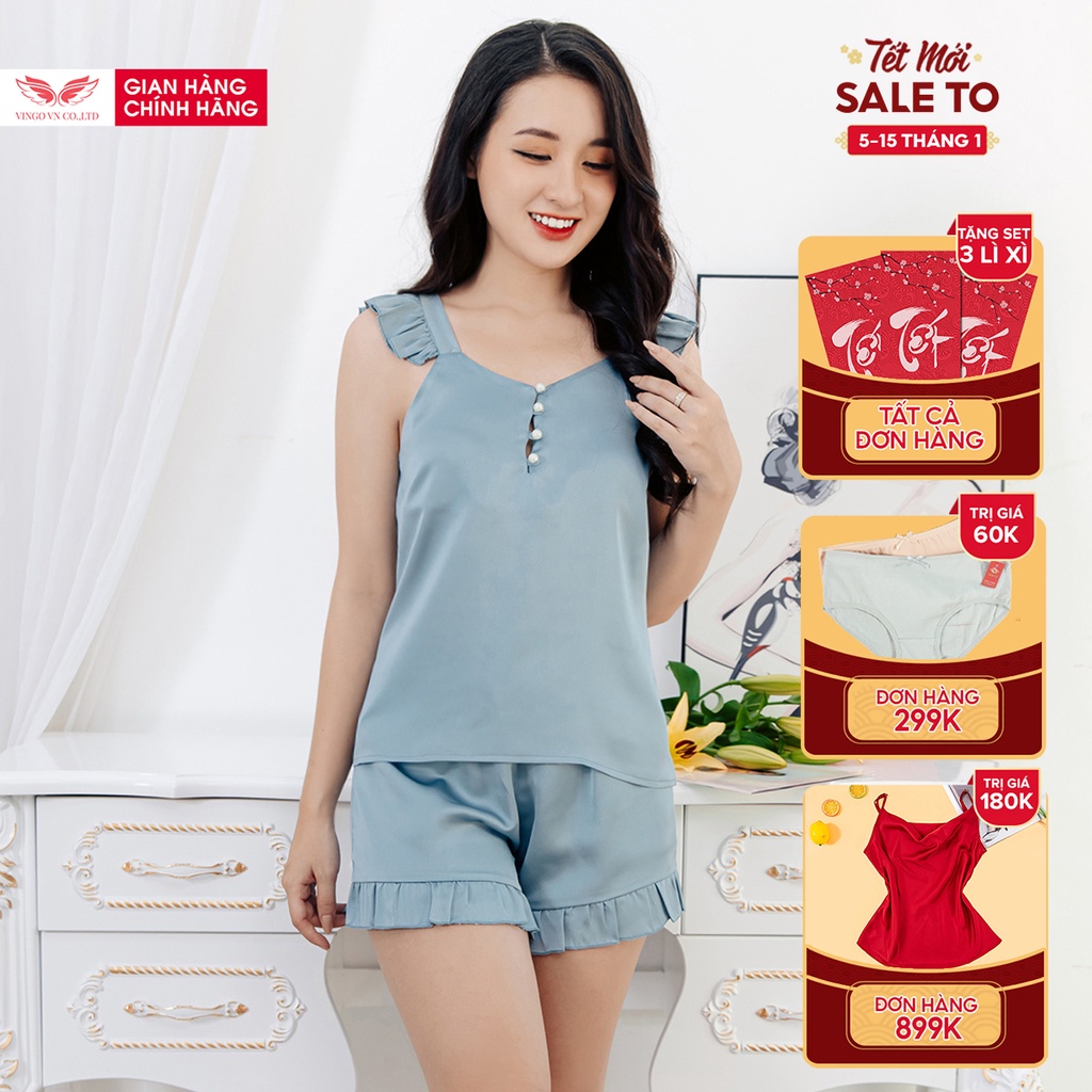 Bộ Đồ Ngủ Nữ Pyjama VINGO Chất Lụa Hàn Trơn Cao Cấp Tay Cánh Tiên Quần Cộc Cổ Phối Cúc Ngọc Thanh Lịch N349 VNGO | WebRaoVat - webraovat.net.vn