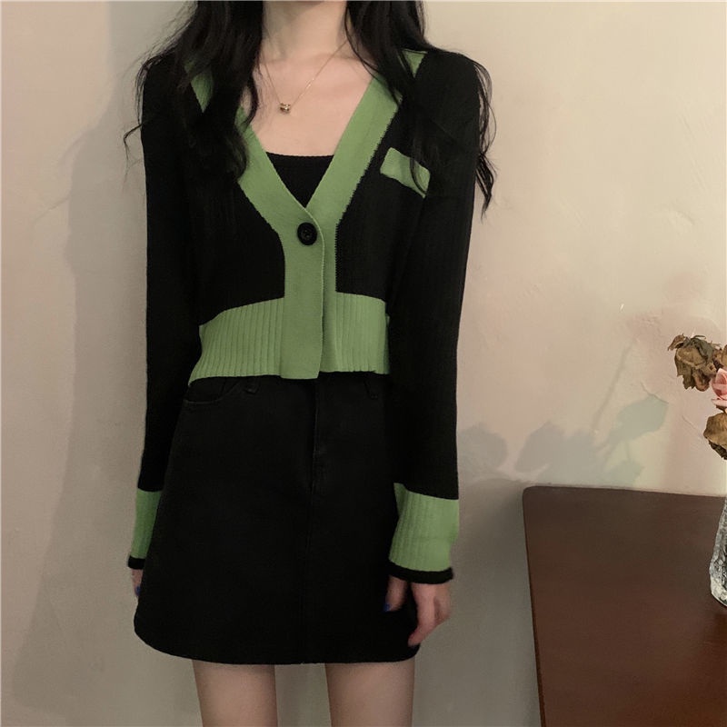 Áo Khoác Cardigan Dệt Kim Tay Dài Màu Sắc Tương Phản Phong Cách Retro Dành Cho Nữ