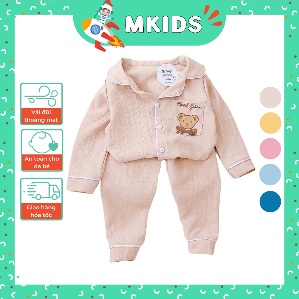 Đồ bộ pijama bé gái bé trai 1-5 tuổi, đồ ngủ cho bé gái bé trai, đồ bộ cho bé tay dài túi in hình gấu đáng yêu MKids BT5