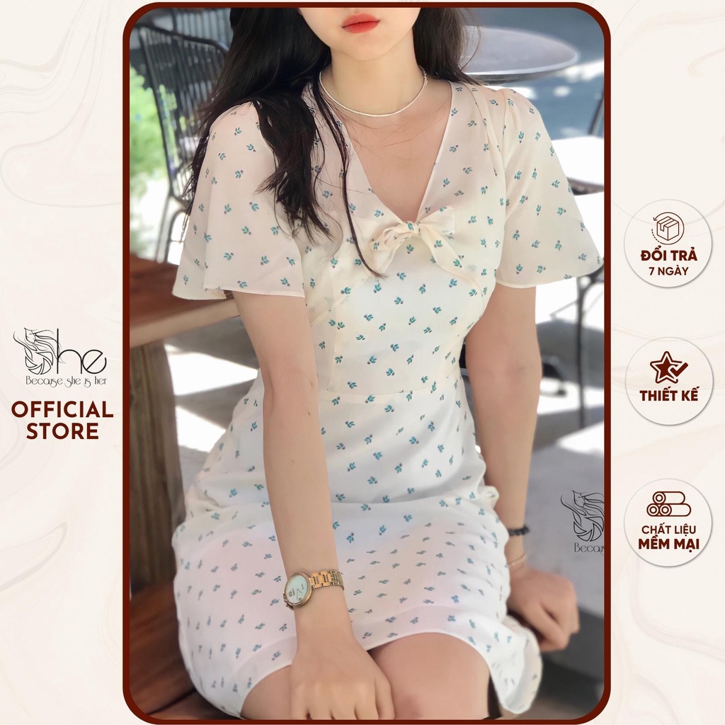 Đầm nữ thắt nơ hoa nhí xinh She, váy hoa thiết kế dáng chữ A dễ thương SDX115
