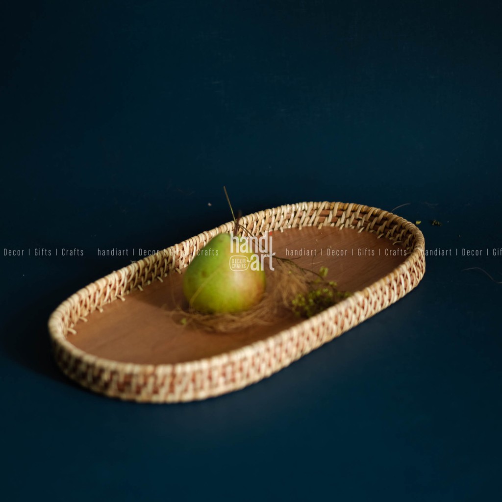 Khay mây oval  - Khay oval đế gỗ - Oval rattan tray