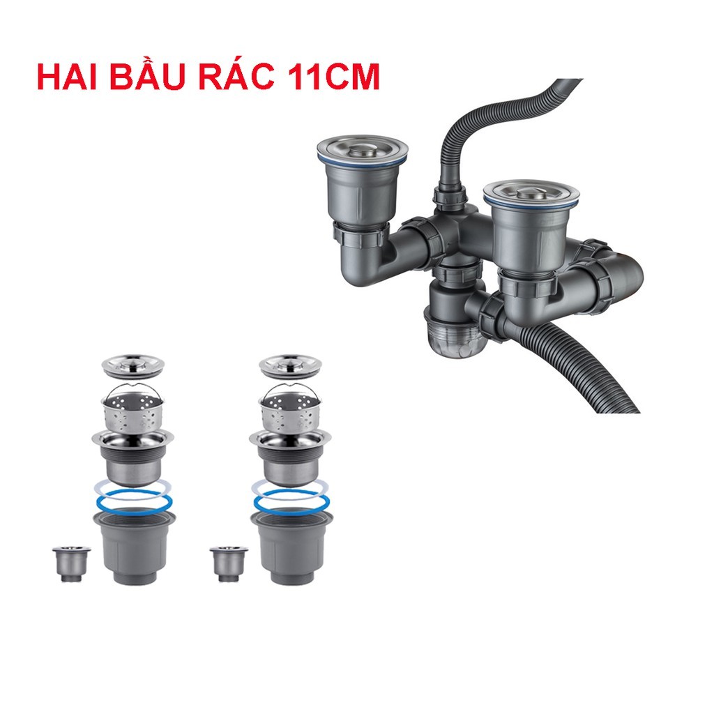 Bộ Xiphong chậu rửa bát ngăn mùi chống hôi, chống tắc nghẽn hai cốc 11cm