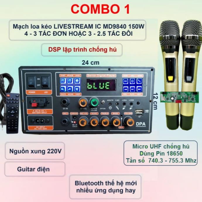 Mạch loa kéo LIVESTREAM DSP lập trình chống hú IC MD9840 150W có nguồn xung Kèm Mic