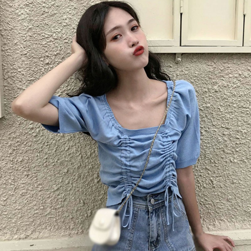 Áo Dệt Kim Tay Ngắn Cổ Vuông Phong Cách Hàn Quốc