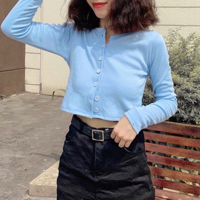 Áo Croptop Cổ Tim Tay Dài YAN Phối Khuy Unisex màu Trắng/Đen/Xanh/Tím