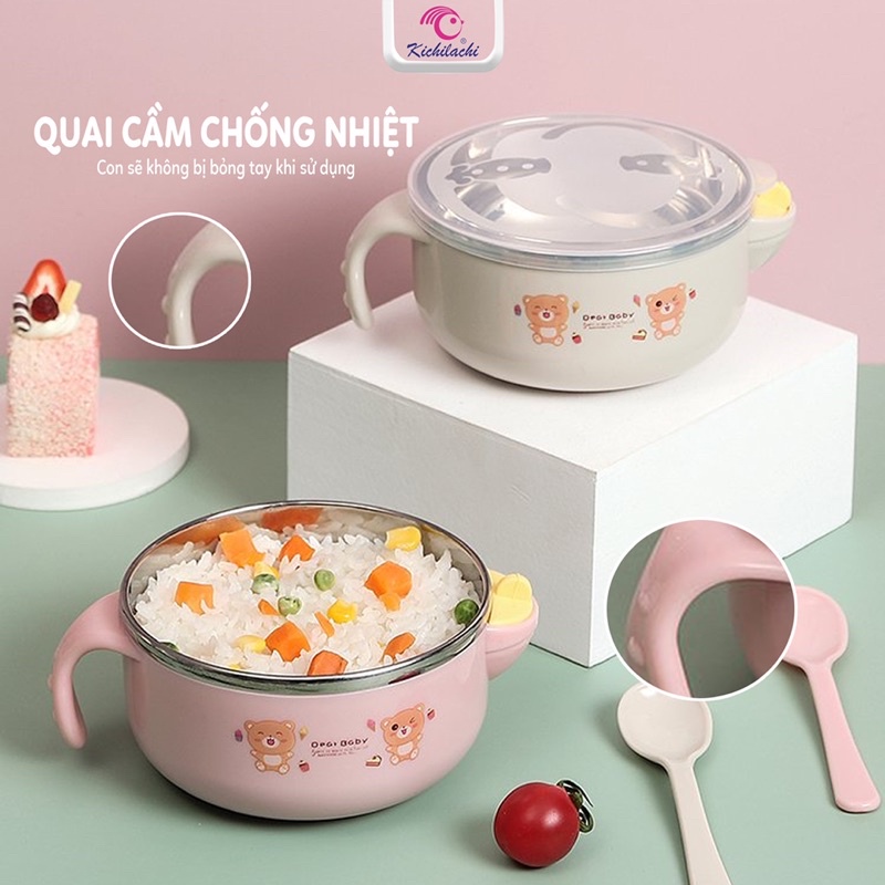 Bát Ăn Dặm M7739 Giữ Nhiệt Kichilachi, Bát Inox 2 Lớp Chống Nóng Cho Bé