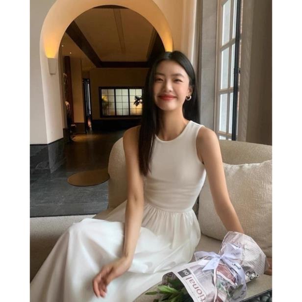 Đầm maxi xòe cổ tròn không tay 2 màu