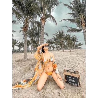 BIkini đi biển nữ 3 mảnh, bộ bơi 3 chi tiết  tam giác khoen áo khoác voan, BIkini191