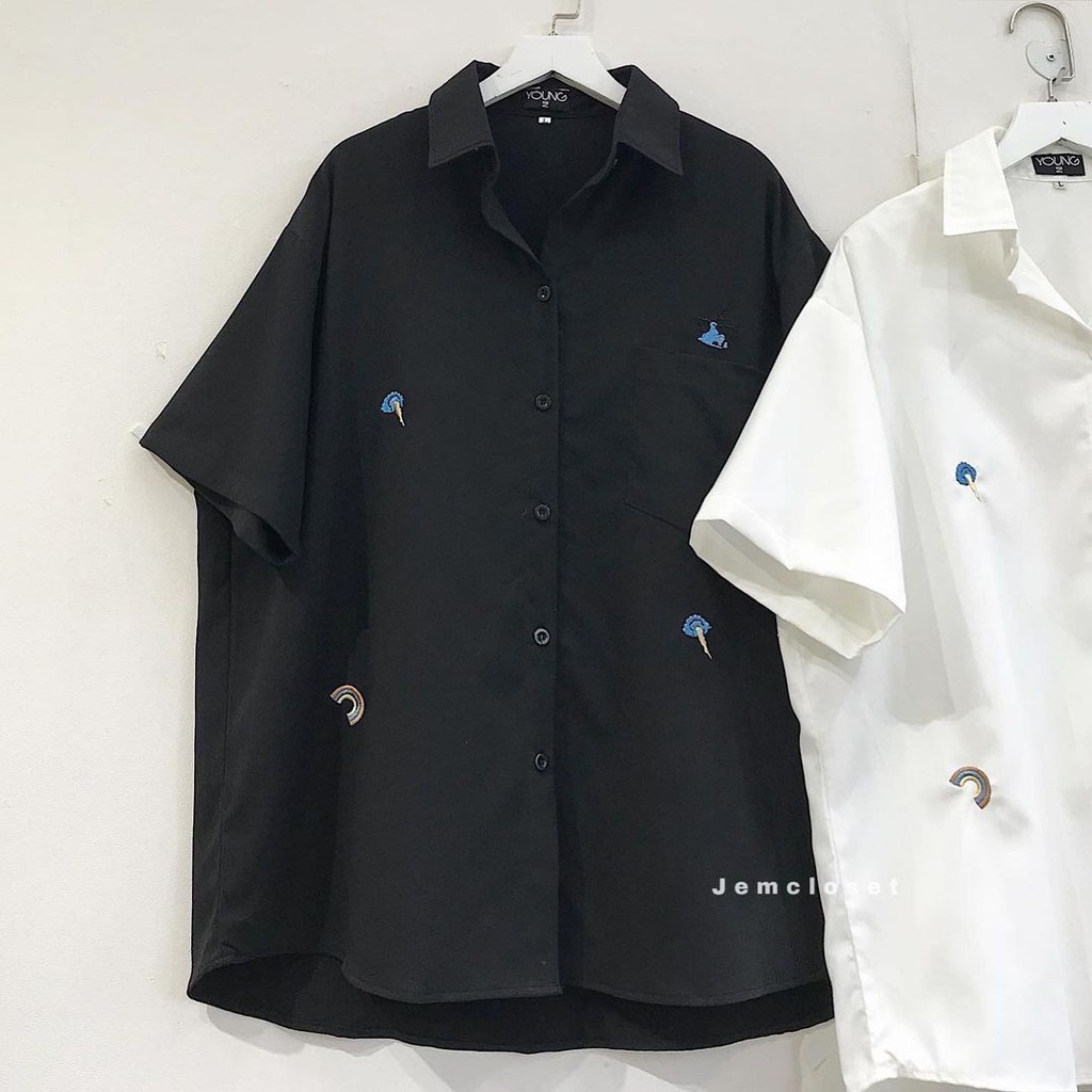 Áo Sơ Mi Nữ Tay Ngắn Thêu Họa Tiết Nhí Đáng Yêu BALE Gồm 3 Màu Trắng - Đen - Hồng - 10038 ( Jem Closet )