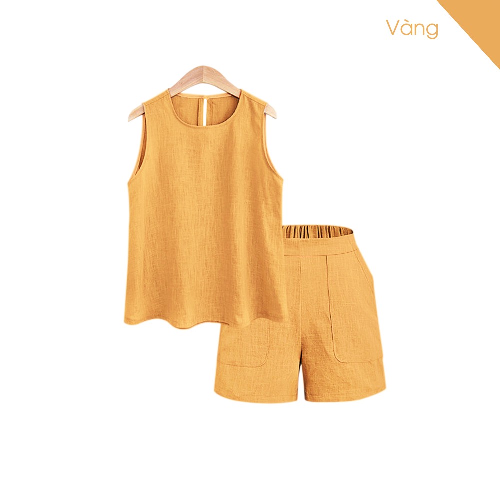 [VNXK] Bộ đồ ngủ Pijama nữ mặc ở nhà áo khoét sát nách và quần sooc cạp chun vải đũi xước co giãn