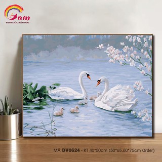 Tranh tô màu theo số sơn dầu số hóa Tranh gia đình thiên nga trắng Hồ thiên nga DV0624 - HaLa Store