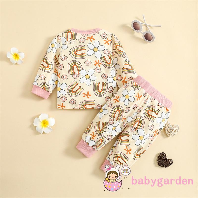 Set Áo Thun Tay Dài Cổ Tròn In Hình Cầu Vồng Phối Quần Buộc Dây Thời Trang Cho Bé Gái 6 Tháng-4 Tuổi