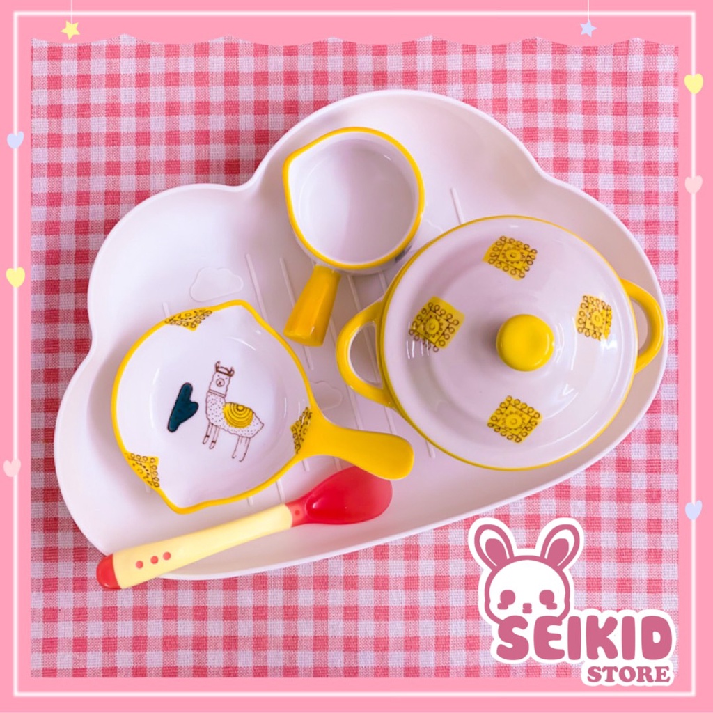 Combo Set Bát Sứ Ăn Dặm Cho Bé Hoạ Tiết Ngộ Nghĩnh Kèm Khay Seikid Store (tặng kèm thìa báo nóng)