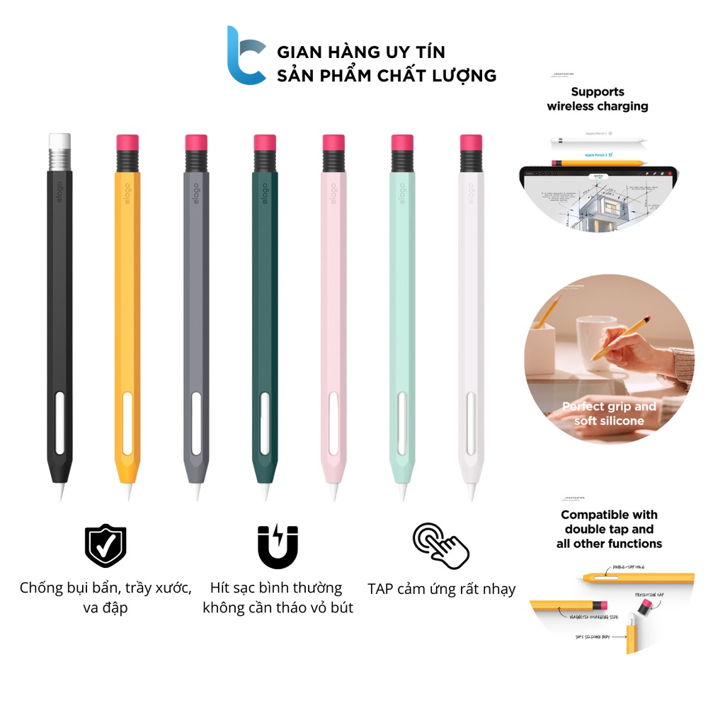 Ốp/Case Silicon Pencil 2 Kiểu Bút Chì ELAGO Chống Bẩn, Chống Trầy, Có Thể Sạc Mà Không Cần Tháo Ốp