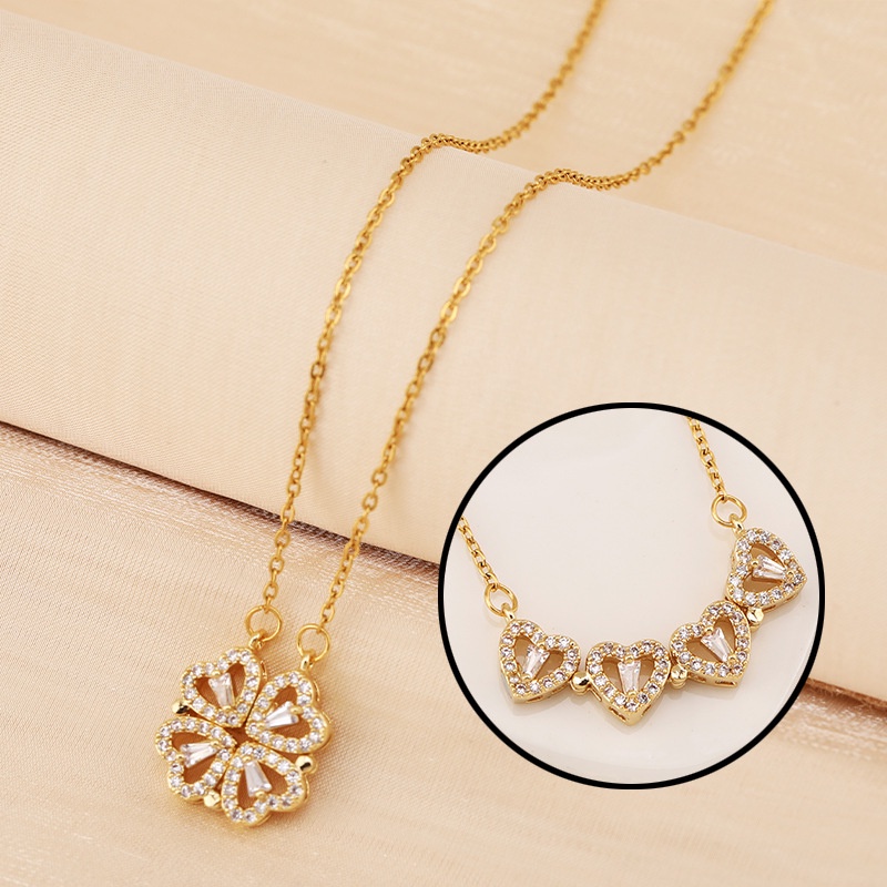 Vòng cổ Hình Cỏ Bốn Lá Đính Đá zircon Hình Trái Tim Dạng Mở Dành Cho Nữ