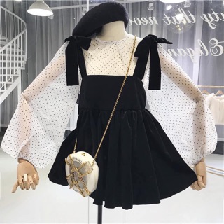 Combo set Nhung + áo khoác + áo chấm bi