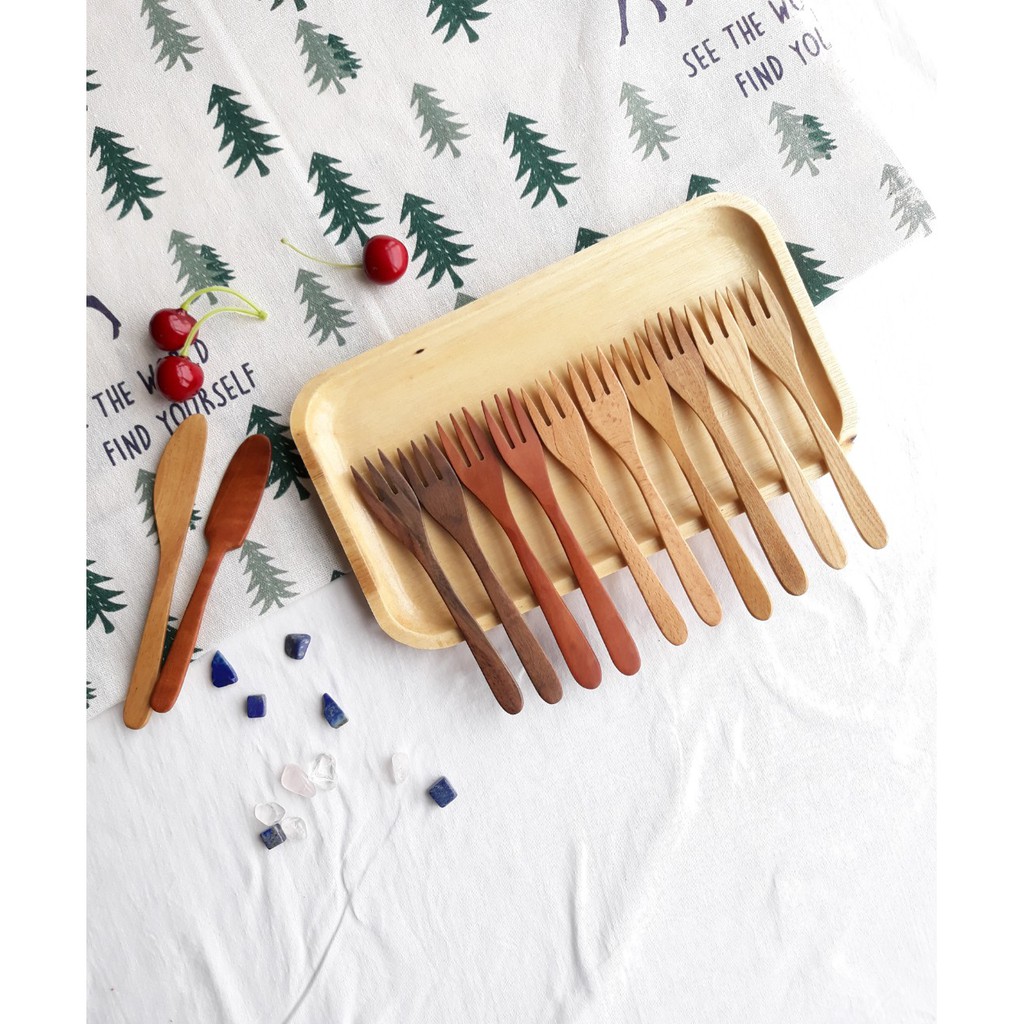 (5 loại gỗ) Dao, Dĩa, nĩa gỗ 14 cm đẹp ăn hoa quả, cắt bánh, decor