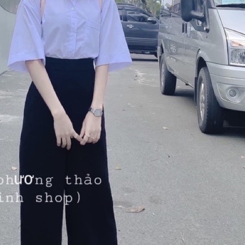 Quần tây ống rộng nữ khóa sườn lưng cao đi học màu đen dáng xuông đứng dài - Quần vải nữ cạp cao công sở vải mềm xuông