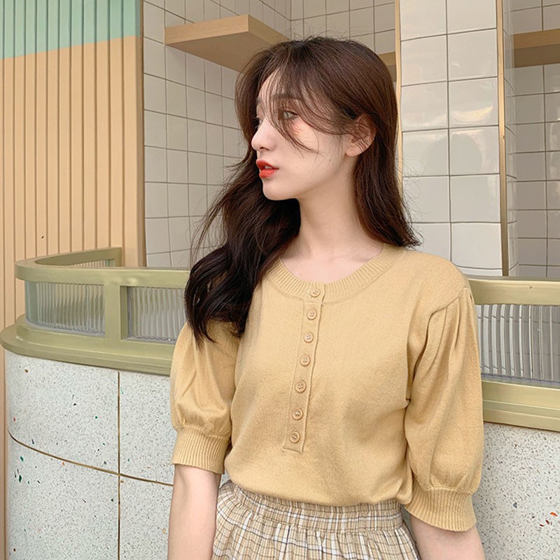 Áo Thun Tay Ngắn Cổ Tròn Thiết Kế Màu Trơn Thanh Lịch