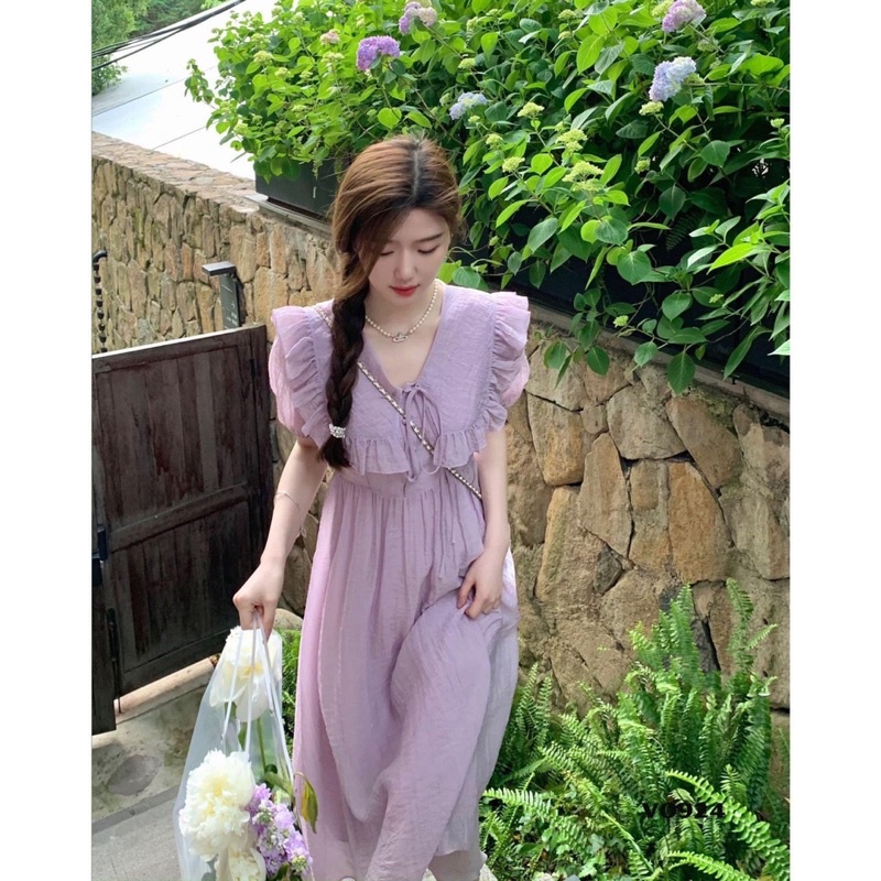 Váy tím đũi xước cổ sen bèo buộc dây cúc ngọc dáng xòe, đầm đũi suông dài dáng xòe màu tím xinh
