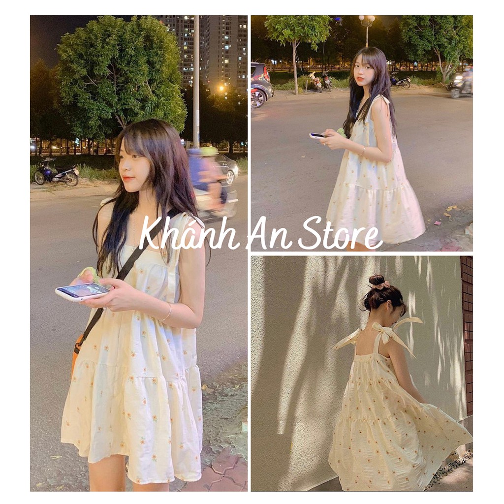 Váy Hoa Nhí Shan Buộc Nơ 🌺 Đầm 2 dây babydoll tầng bồng dáng xòe bánh bèo tiểu thư 🌺