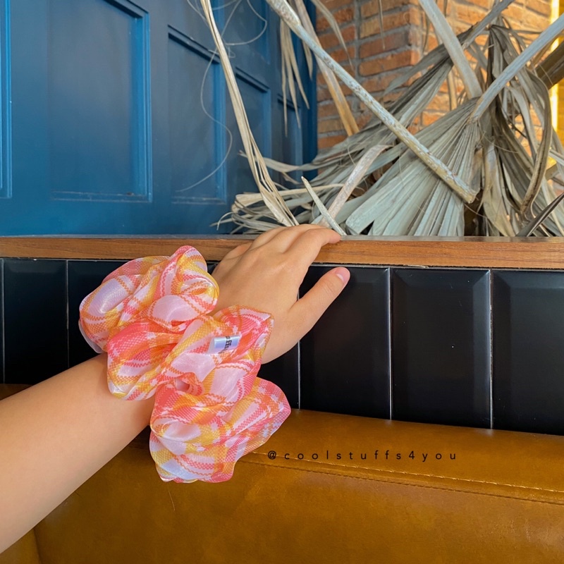 Buộc Tóc Scrunchies Voan Phồng Sọc Vàng Cam