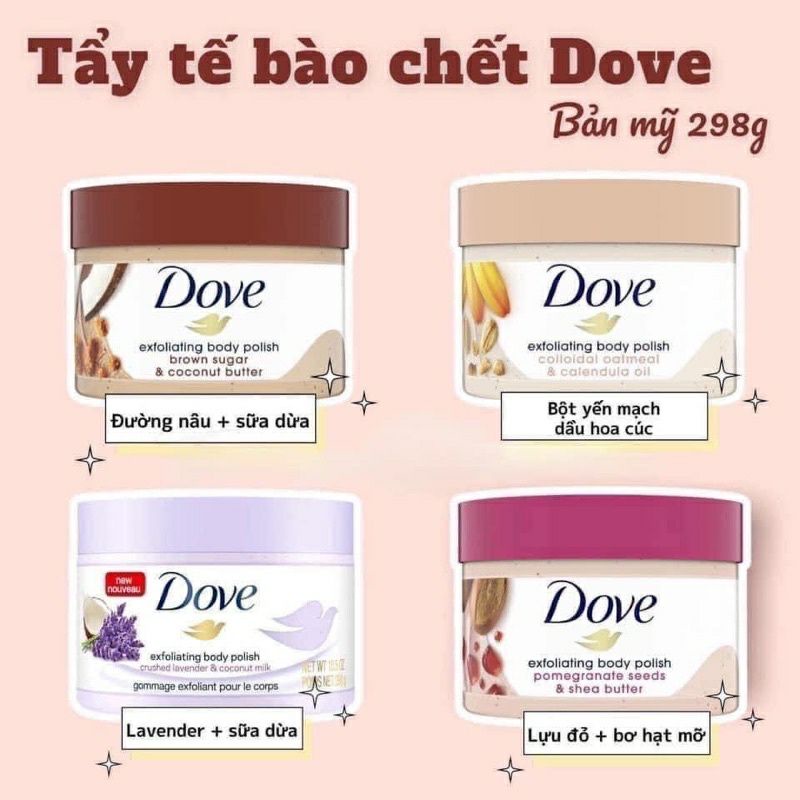 TẨY TẾ BÀO CHẾT #DOVE POMEGRANATE SEEEDS &amp; SHEA BUTTER /MACADAMIA RICE MILK EXFOLIATING BODY POLIS H