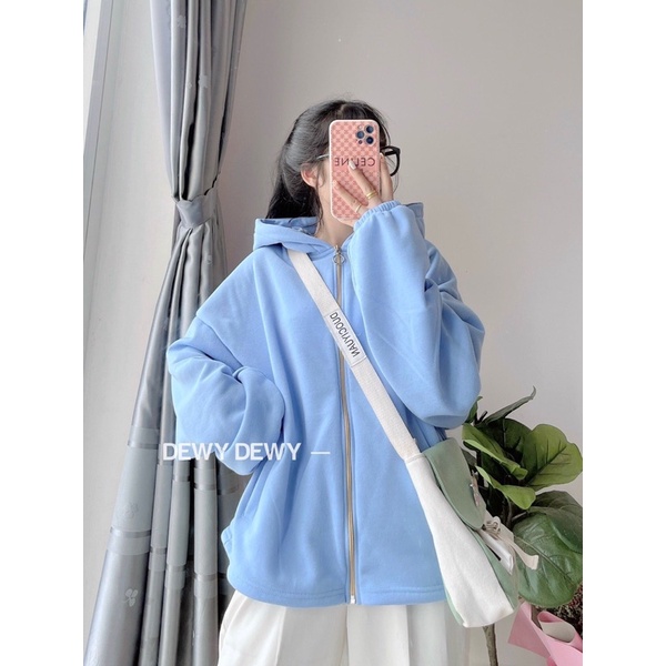 Áo khoác nỉ tay phồng nón to màu xanh dương