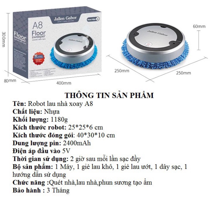 Robot lau nhà tự động thông minh A8,4 chế độ lau khô &amp; lau ướt tiện lợi, chế độ phun sương tích hợp tia UV