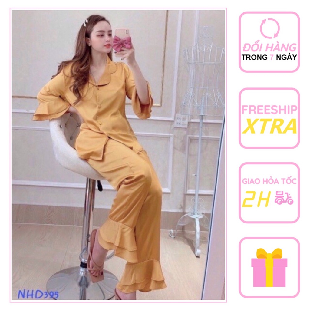 [FREESHIP 50K] Bộ Mặc Nhà Nhistore Pijama Quần Dài Tay Lửng Phối Bèo Lụa Latin Cao Cấp  Freesize Dưới 57kg