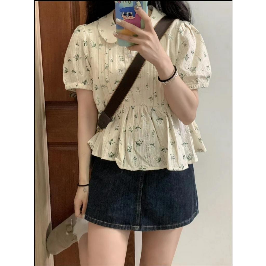 Xiaozhainv Áo Sơ Mi Tay Ngắn Cổ Búp Bê In Họa Tiết Hoa Phong Cách Pháp Thời Trang Mùa Hè Cho Nữ