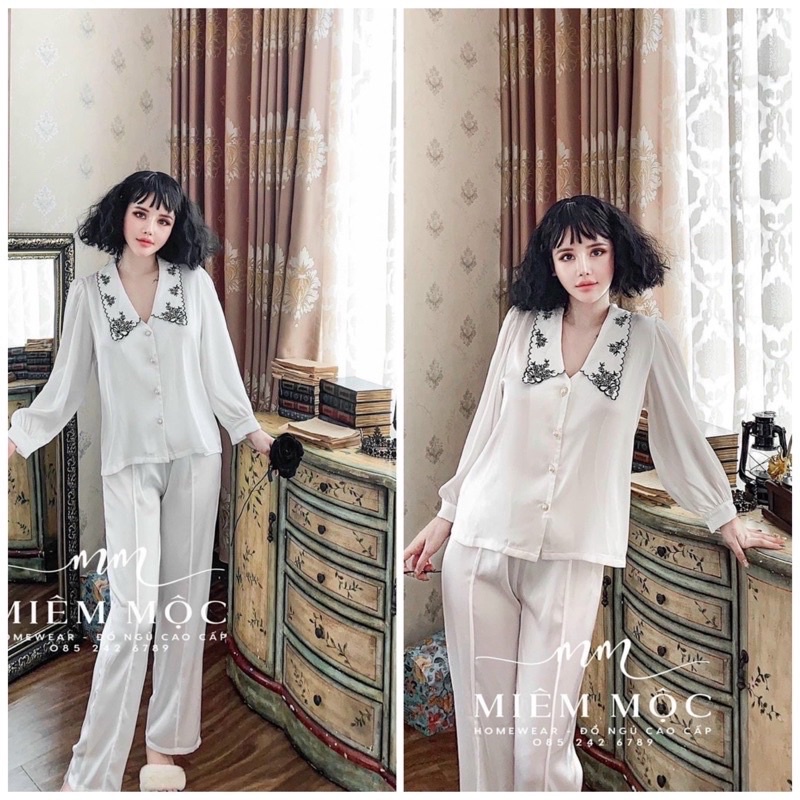 BỘ PIJAMA LỤA DÀI CAO CẤP THÊU TRẮNG