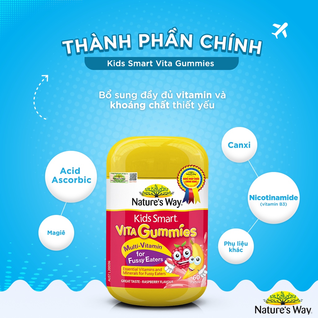 Combo 2 Kẹo Dẻo Cho Bé Nature's Way Kids Smart Vita Gummies Calcium + Vitamin D Và Multi Vitamin for Fussy Eaters 60v/h