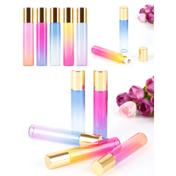 Set 5 chai lọ thủy tinh nhiều màu sắc 10ml nấp vàng 5ml nắp đen bóng dạng bi lăn thép dùng đựng tinh dầu chiết nước hoa