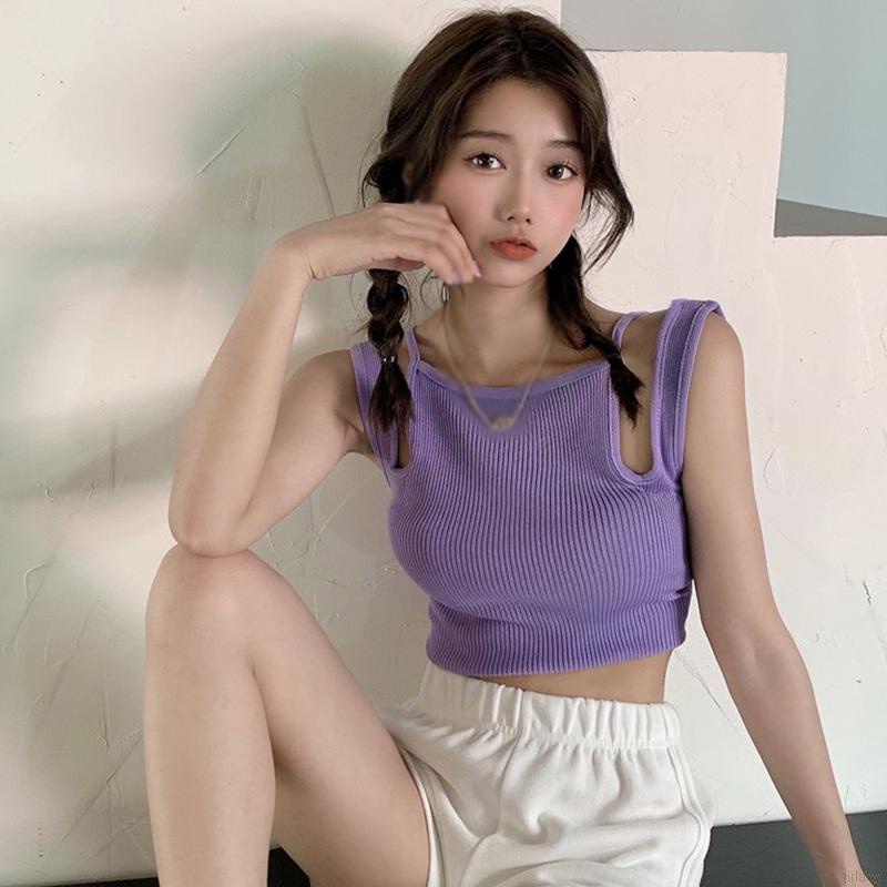 Áo Croptop Dệt Kim Trễ Vai Màu Trơn Đơn Giản Thời Trang Hàn Quốc Cho Nữ