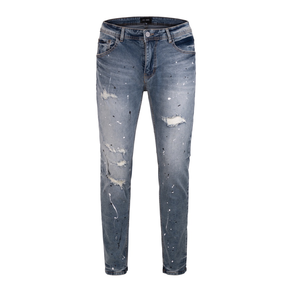 Quần jean nam cao cấp streetwear KQ31 màu xanh wash vẫy sơn rách bui bậm form slimfit chất jean co giãn, thoải mái.