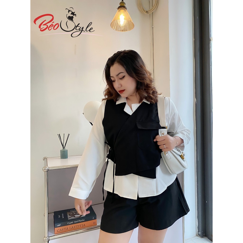 ĐỒ BIGSIZE set đùi phối áo sơ mi tay dài khoác áo gile cho nàng 55-100kg - Đi chơi, đi tiệc, dạo phố