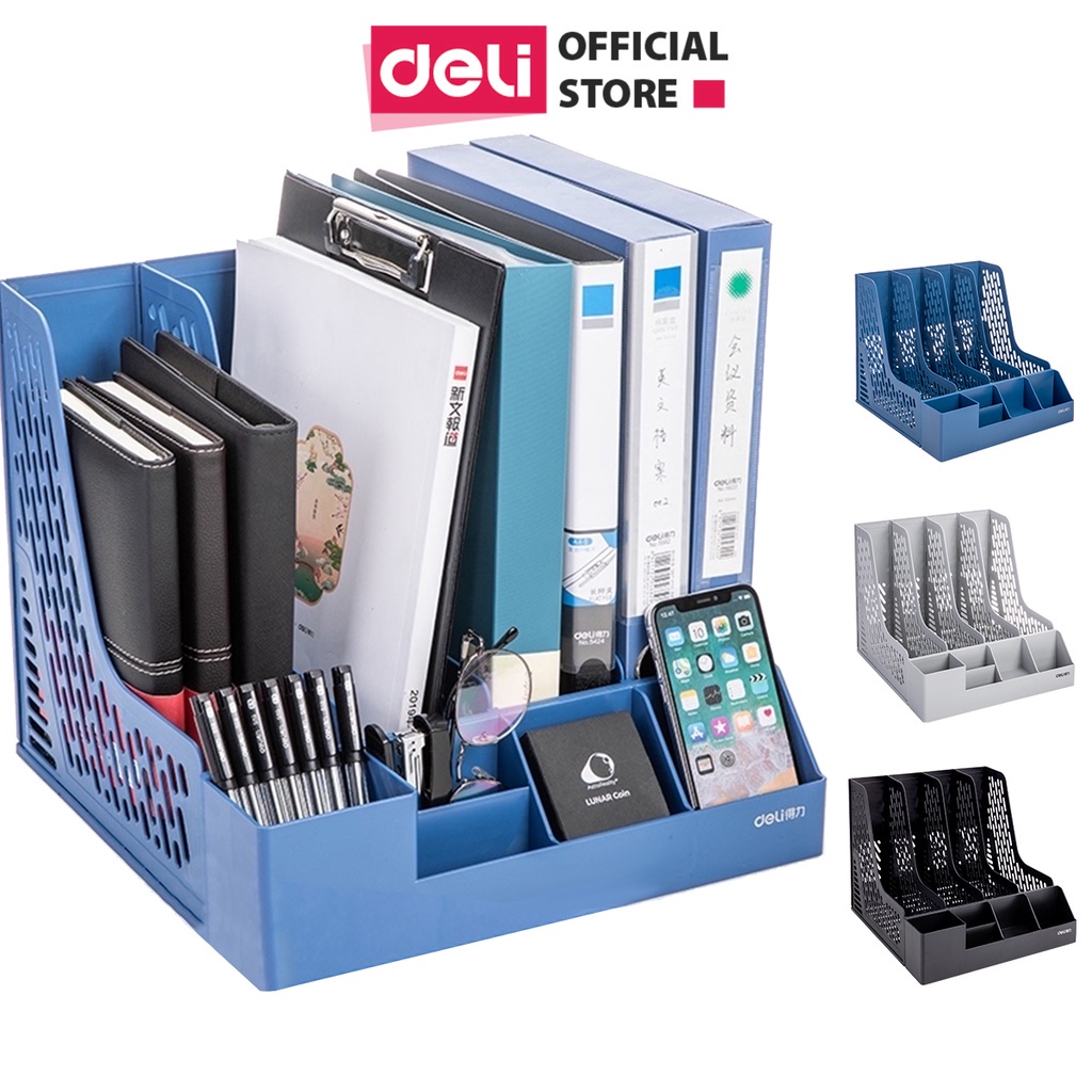 Giá đựng tài liệu - File nan 4 ngăn đứng để bàn Deli 9846 - File 4 ngăn đứng có kèm hộp đựng bút Deli 78981