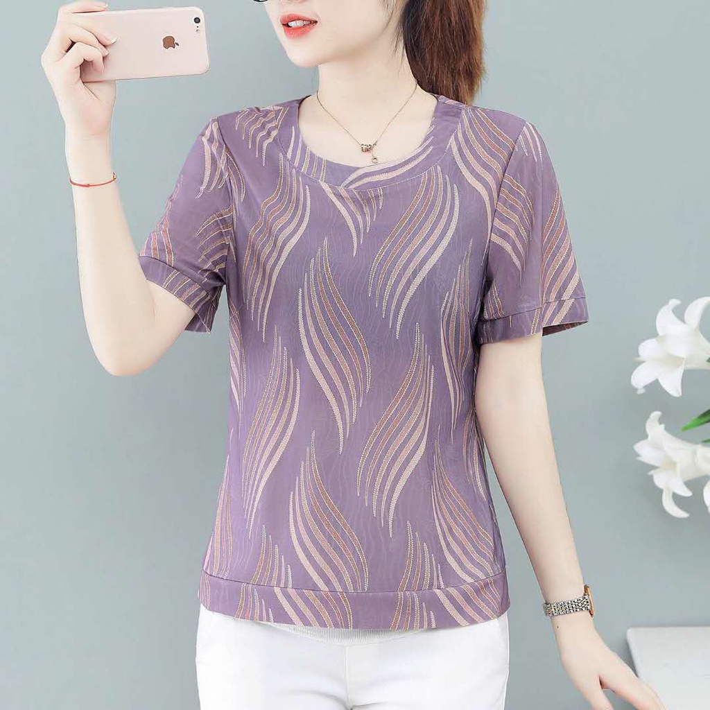 Áo thun tay ngắn dáng rộng in hoa thời trang mùa hè cho phụ nữ trung niên