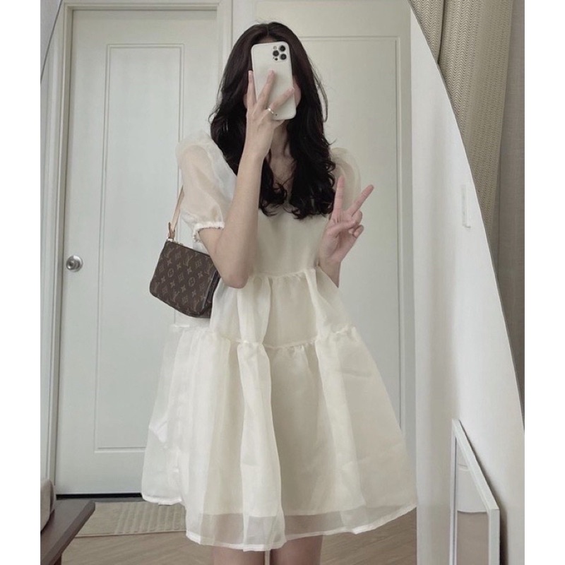 Váy babydoll tiểu thư voan tơ cổ vuông- đầm trễ vai công chúa phong cách ulzzang hàn quốc | BigBuy360 - bigbuy360.vn